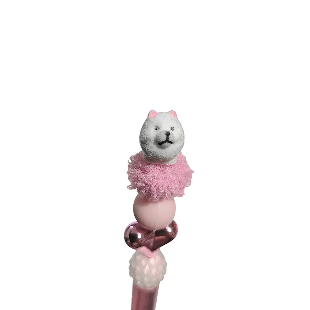 Dog Puppy Beaded Ballpoint Twist Pen Pink White Topper
